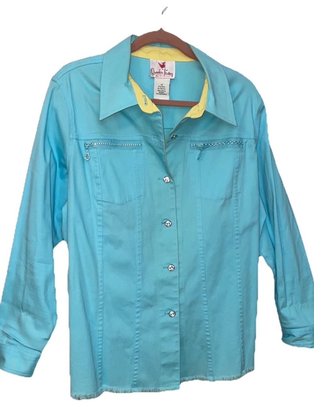Quacker Factory Denim Jacket 1X Aqua Embellished Rhinestone Y2K